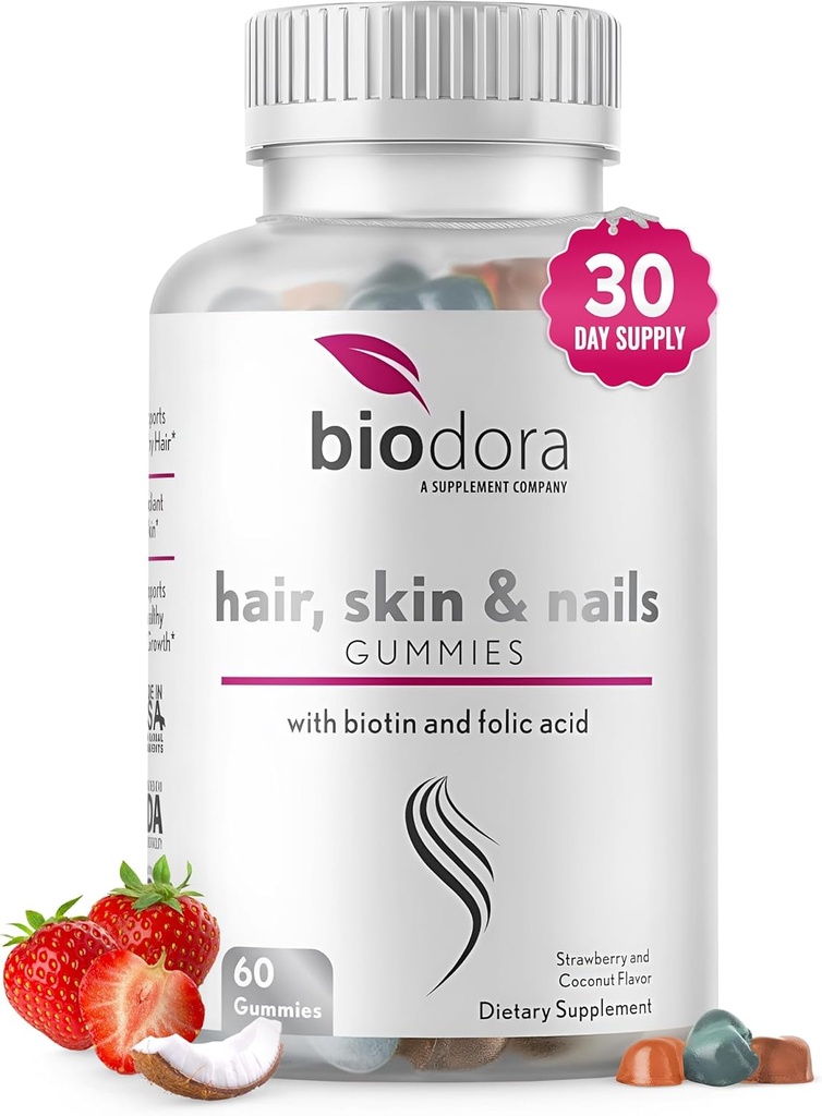 Juuksenahk ja küüned Gummies, ekstra tugevusega Biotin Gummies foolhappe, inositooli ja vitamiine, PCOS Sümptom Relief & Hormoon Tasakaal, Suhkruvaba Maasika & Kookospähkli Maitse, 60 Gummies