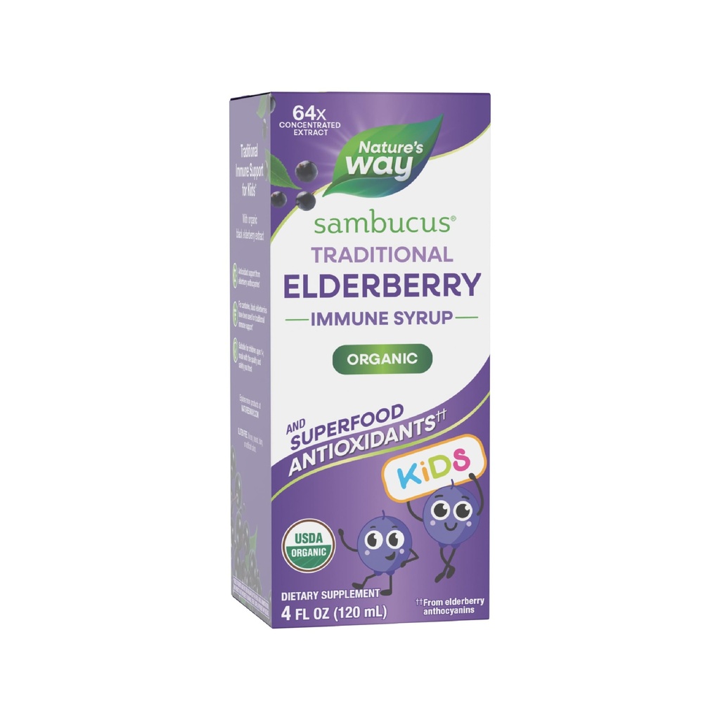 Nature's Way Sambucus Elderberry Traditsiooniline immuunsüsteemi siirup vanuses 1+, traditsiooniline immuunsuse tugi *, antioksüdantide tugi *, Black Elderberry ekstrakt, USDA sertifitseeritud orgaaniline, 4 Fl Oz