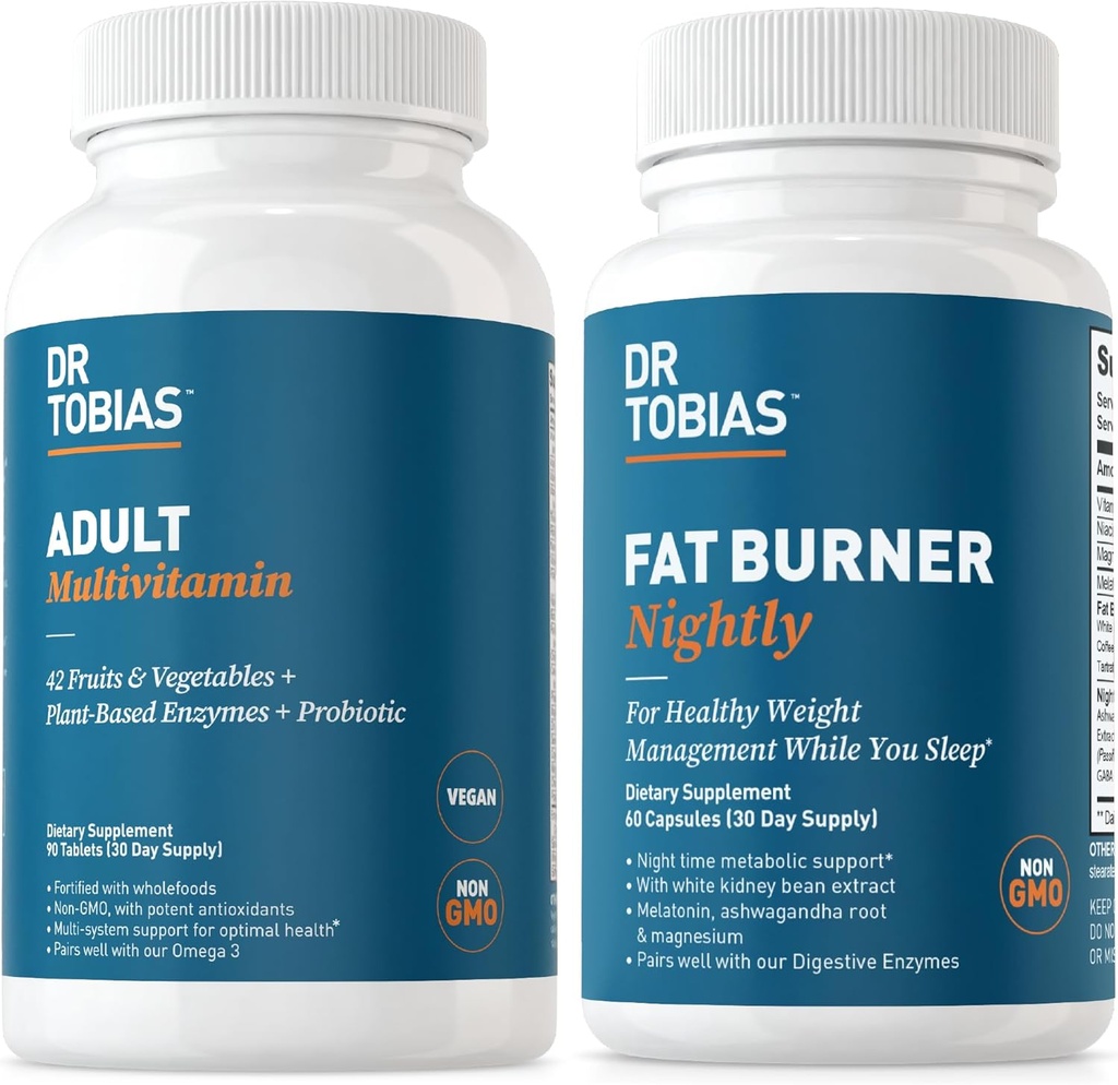 Dr Tobias Fat Burner Nightly & Adult Multivitamiin toetab Ashwagandhaga energiat, immuunsust ja ainevahetust. 42 Puuviljad ja köögiviljad probiootikumidega, rohelised kohvioad ekstrakt, mitte-GMO, 30 päeva pakkumine