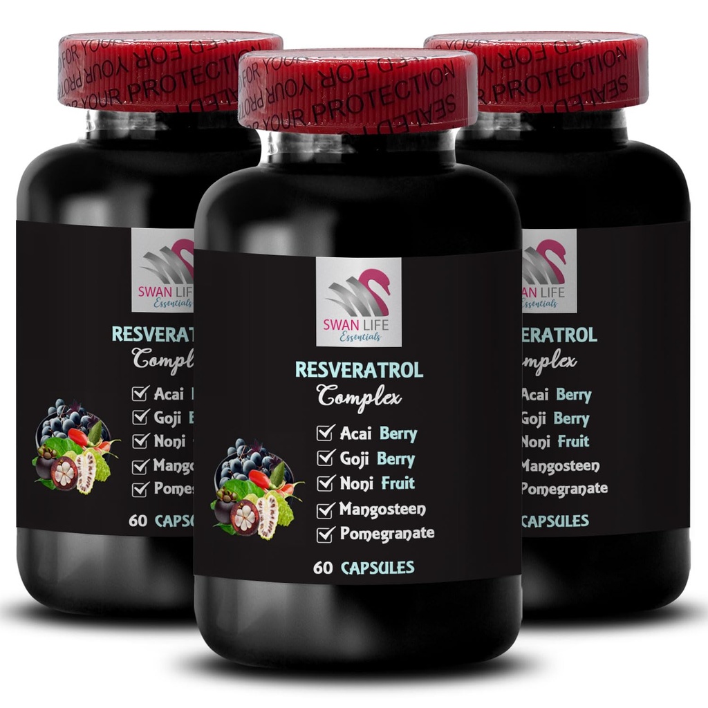 Marja eelised - RESVERATROL COMLEX - igapäevased antioksüdandid, Acai marja tugevus, Elderberry Boost, viinamarjade naha võimendus, granaatõunaenergia, Goji marja võimsus, hüdratsioonifaktor 3 pudelid 180 kapslit