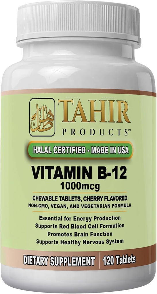 Tahir Halal Vitamiin B12 1000mcg: suurendab energiat, ainevahetust ja närvisüsteemi tervist. Vegan & Taimetoitlane, piimavaba, 120 närimistabletti. Made in USA - Certified Halal.
