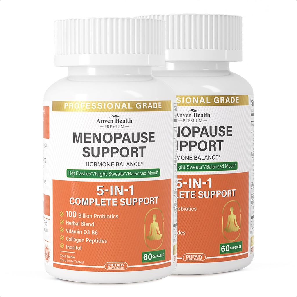 Menopausi täiendused naistele Menopaus Probiootikumid Relief, Vitamiin D3 & B6, Toetab kuuma vilgub, öine higistamine, Bloating & Soolestiku Tervis Black Cohosh, kollageen | 180 Veggie Caps