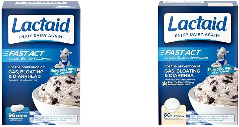Lactaid Fast Act Laktoosi tolerants Relief Caplets koos Lactase Enzyme, 96 Count & Fast Act Laktoosi tolerants närimiskummid koos Lactase Enzymes, Vanilla, 60 Count (Pack of 1)
