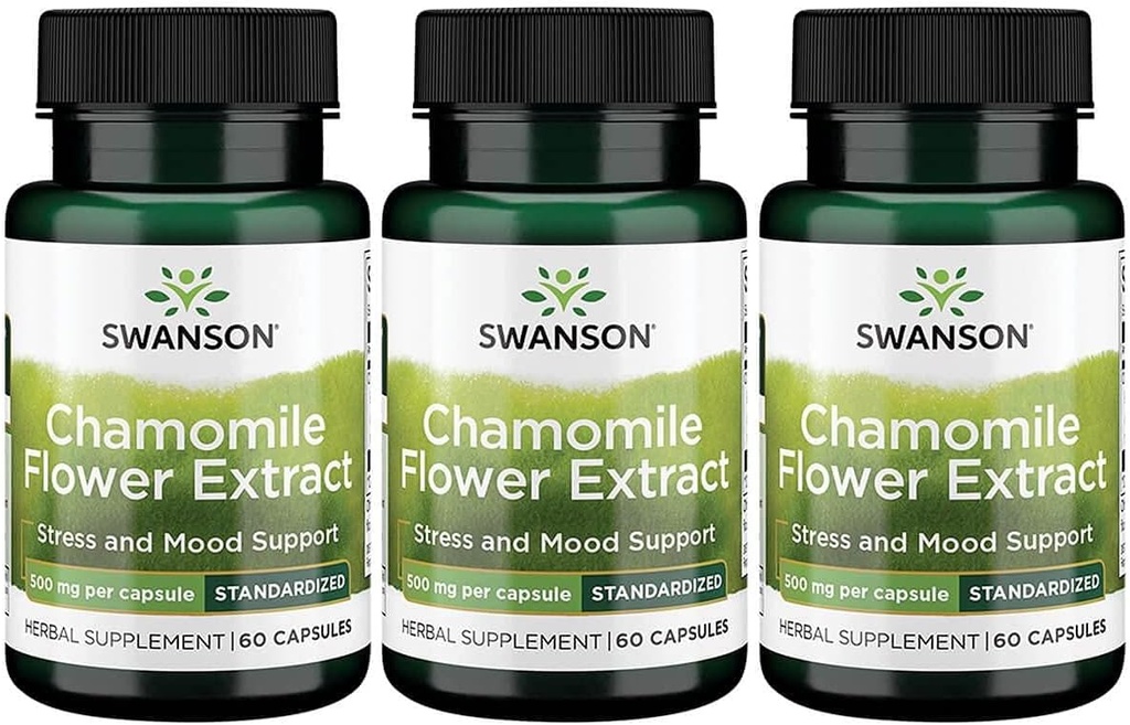 Swanson Chamomile Flower Extract 500 milligrammi Standardiseeritud kuni 1,2% Apigenin 6 mg kapsli kohta 60 kapslit 3 pakendis