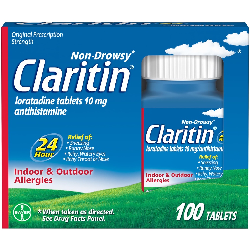 Claritin Allergia Ravim täiskasvanutele, 24-tunnine mitteuimas Loratadiini 10 mg pillid, Antihistamiin, 100 tabletti