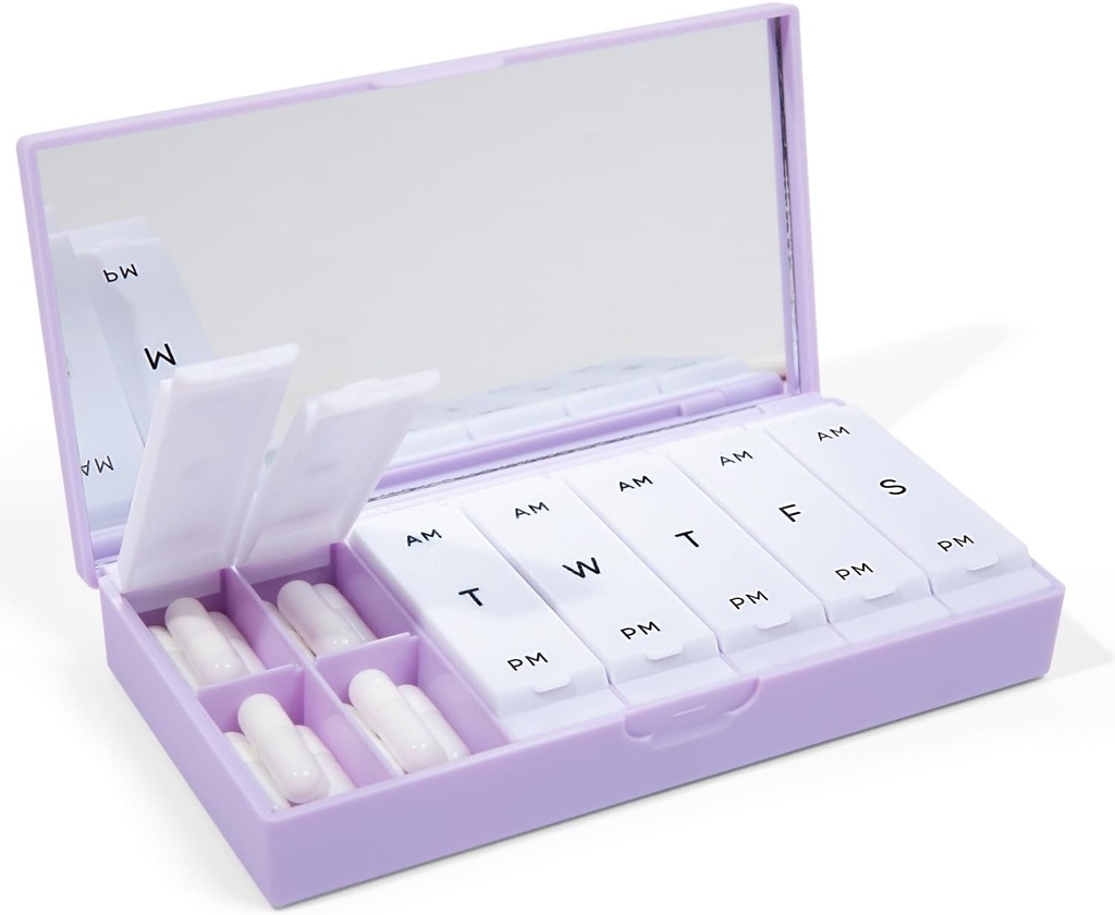 PORT X POLISH Designer Weekly Pill Box Korraldaja (AM/PM 2X Daily, Lilac) | Kompaktne, stiilne 7-päevane vitamiinilisajuhtum | armas kaasaskantav Mini reisimeditsiini vedaja | BPA-vaba Pillbox Caddy