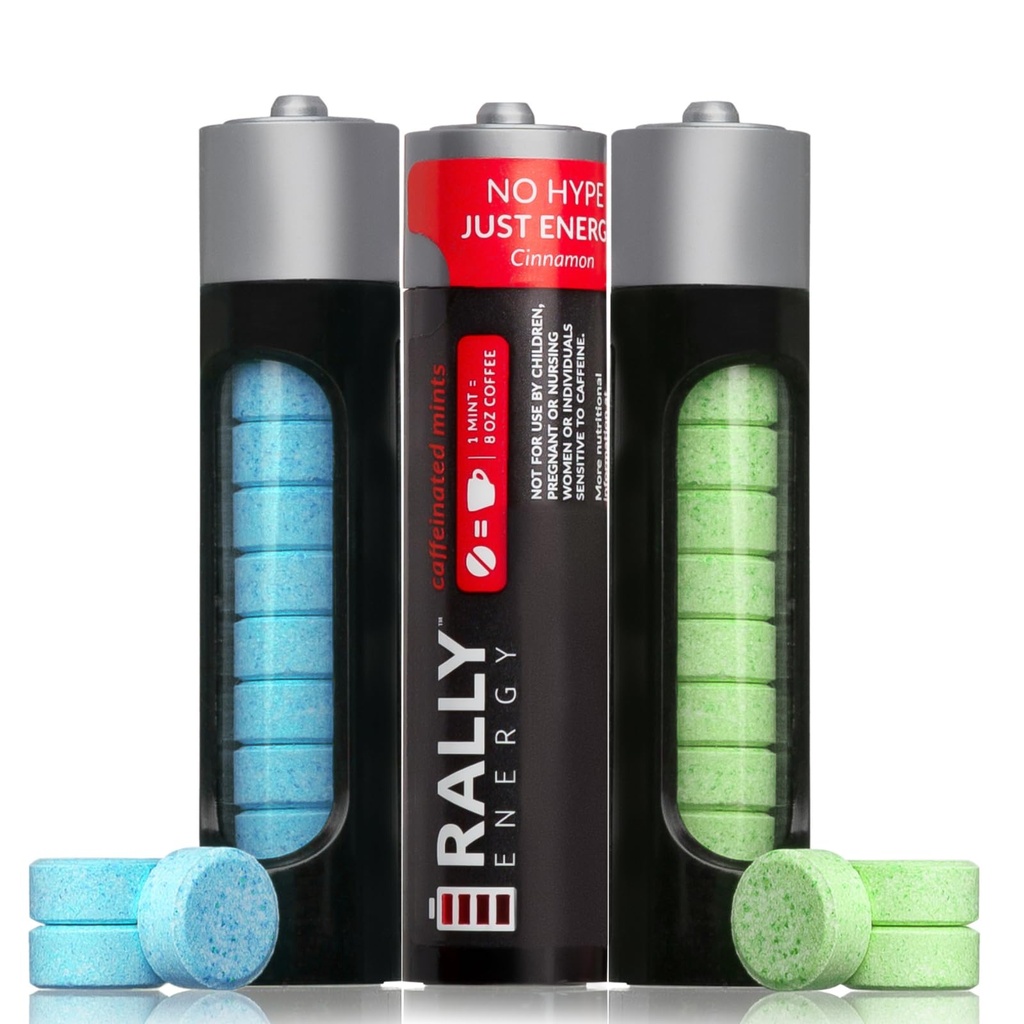 Rally Kofeiini Rahapajad, 60 Milligram, Kiirenergia, Värske Hingamine, Kofeiiniga, 0 Suhkur, Looduslik Piparmünt, Kaneel, Wintergreen Variety Pack (3 Pakki, 30 Minti)
