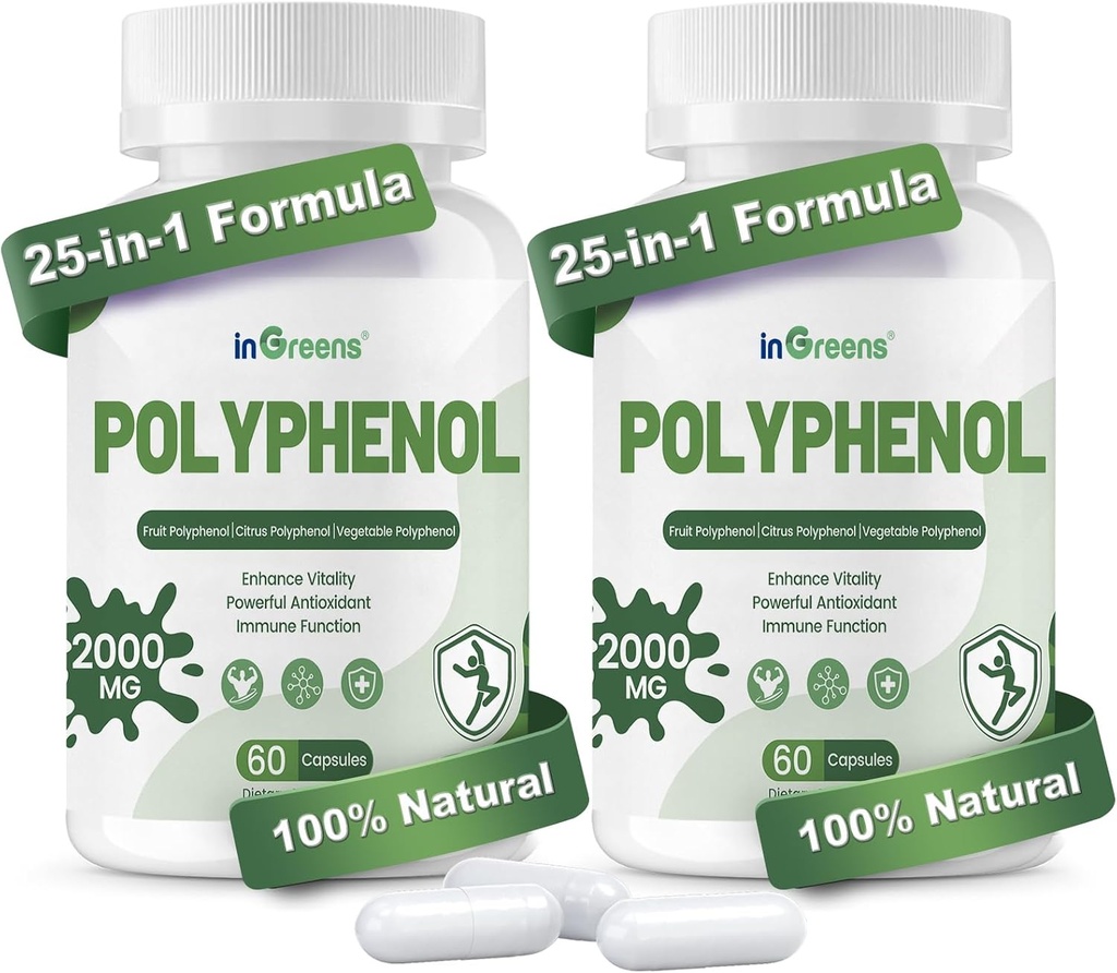 25-in-1 polüfenoolide täiendus, 2000MG võimsad antioksüdandid ja polüfenool vanuse kaitseks, polüfenool Superfood, kvertsetiin, resveratrool, taimepõhine ja energia, immuuntoetus, 120 kapslit
