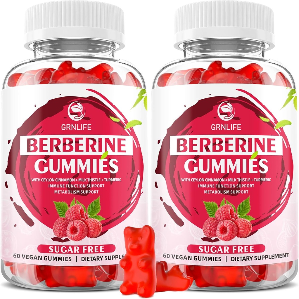 Berberine Gummies koos Ceylon Cinnamon 1500mg kõrge potentsi Berberine HCL täiendus immuunsüsteemi ja ainevahetuse toetamine, suhkruvaba, Vaarika Maitse - 120 krahv