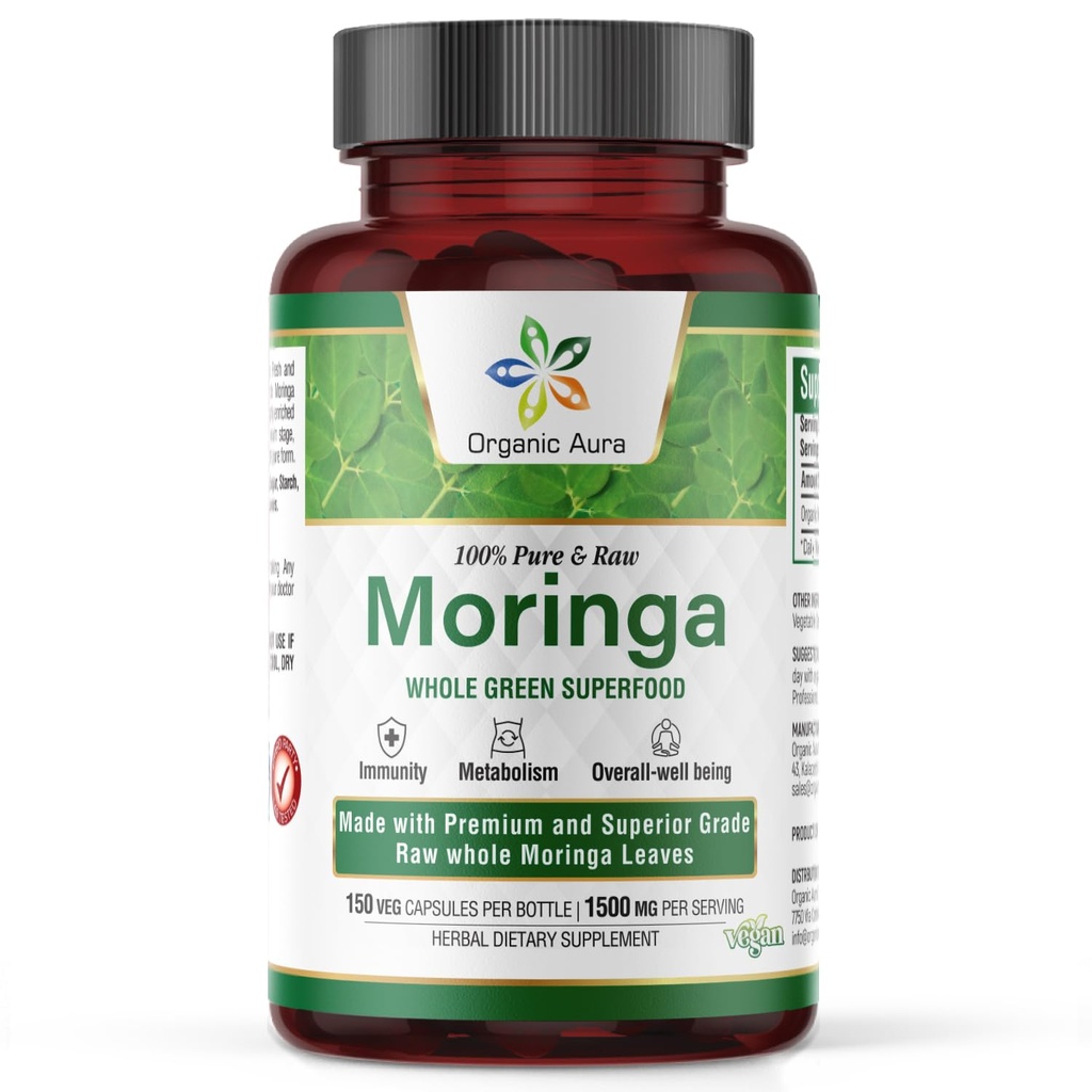 Orgaaniline Aura Moringa Leaf Kapslid | 1500mg - 150 HPMC Veg | Terve jätab rohelise supertoidu toitumise | Loomulikult suurendab ainevahetust, energiat, tervist ja vastupidavust | 100% puhas ohutu Moringa | Mitte GMO.