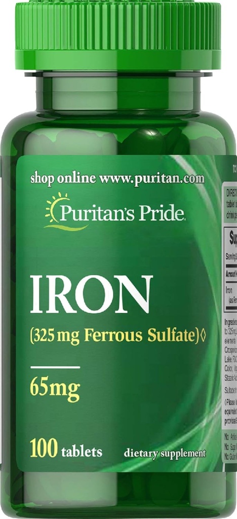 Puritaanid Pride Raudne Raudsulfaat 65 Mg tabletid, 100 Count