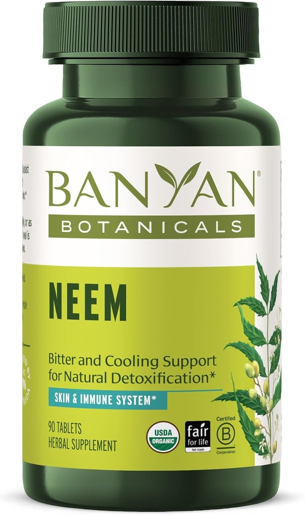 Banyan Botanicals Neem Tablets - Orgaaniline Neem Leaf (Azadirachta Indica) - Toetab looduslikku detoksifitseerimist, tervislikku nahka ja immuunsüsteemi tervist * - 90 tabletti - mitte-GMO jätkusuutlikult hangitud vegan