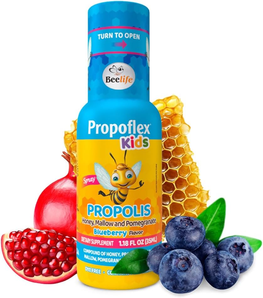 Beelife Bee Propolis Extract , Propolis Throat Spray for Kids - Propolis , Honey , Mallow , granaatõuna - Natural Immune Support & Sore Throat Relief , No Sugar - Mustikamaitse - ( 35 ml / 1- pakk )