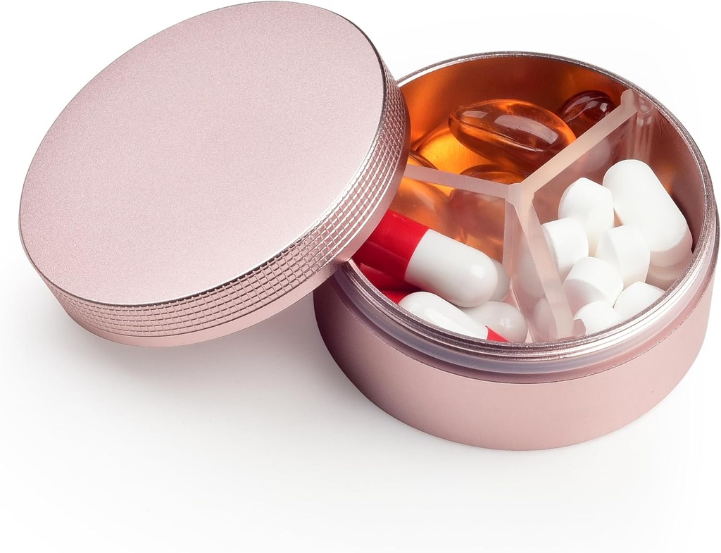 Small Pill Case 3 Compartments, Metal Round Portable Pill Box, Waterproof Travel Pill Organizer, Pocket Purse Medicine Vitamin Holder EDC Container (Rose Gold)