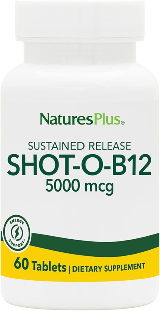 Natures Plus Shot-O-B12 (metüülkobalamiin), Püsiv vabanemine - 5000 mcg, 60 taimetoitlast tabletti - suure tugevusega, kiire toimega B12 lisand - mälu ja energia suurendaja - gluteenivaba - 60 serveerimist