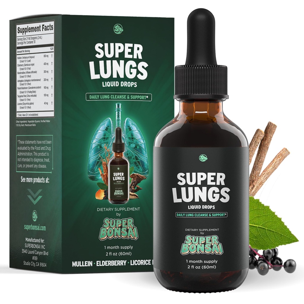 SuperBonsai Super Lungs Mullein tilgad - Taimne Kopsutugi Tinktuur Mullein Leaf Ekstrakt Elderberry Reishi Vahukommi Juur - Toetab Selget Hingamist & Tervist - 2 oz