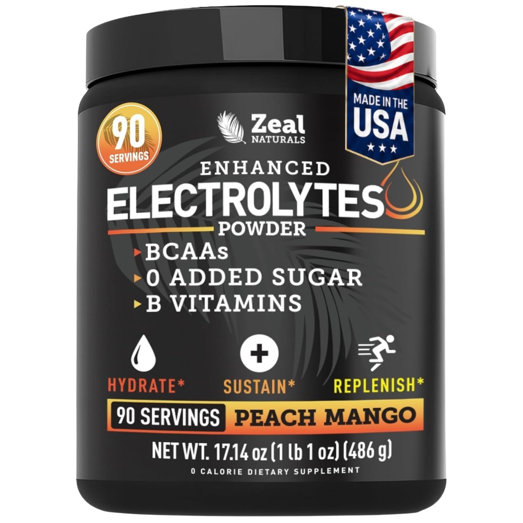 Zeal Naturals Electrolyte Powder Recovery Drink (90 Servings | Peach Mango) w 0 Sugar +BCAAs + B-vitamiinid Elektrolüütlisand w kaaliumtsink & magneesium hüdreerimiseks - Keto elektrolüüdid