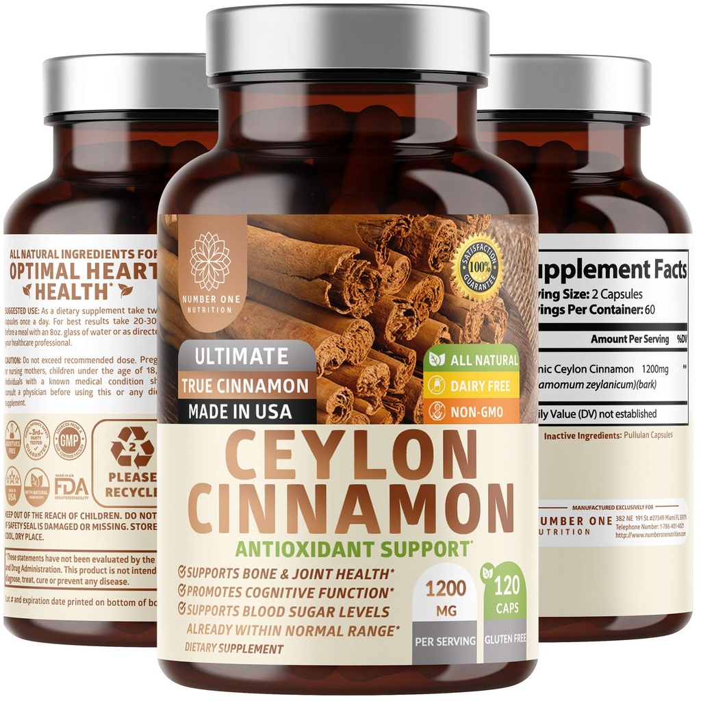 N1N Premium Ceylon Cinnamon 1200mg [100% Orgaaniline Ceyloni kaneel] Looduslik lisand tervisliku vereringe, aju ja liigeste funktsiooni toetamiseks, 120 kapslit