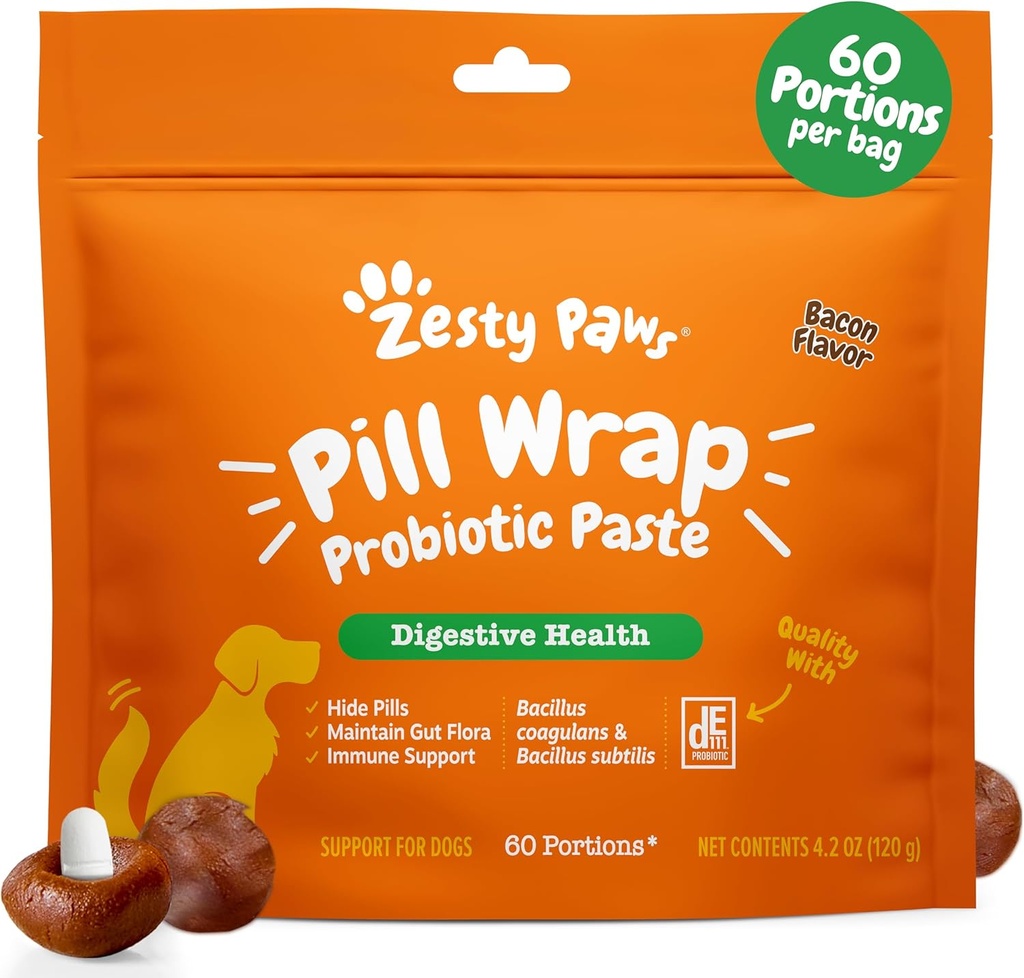 Zesty Paws Pill Paki probiootiline pasta koertele - Immuunsüsteemi ja seedesüsteemi tugi - Bacon Flavor - DE111 Bacillus subtilis - Taskud Iga pill, tablett ja kapsel teie koerale - 4.2oz - 60 portsjonit