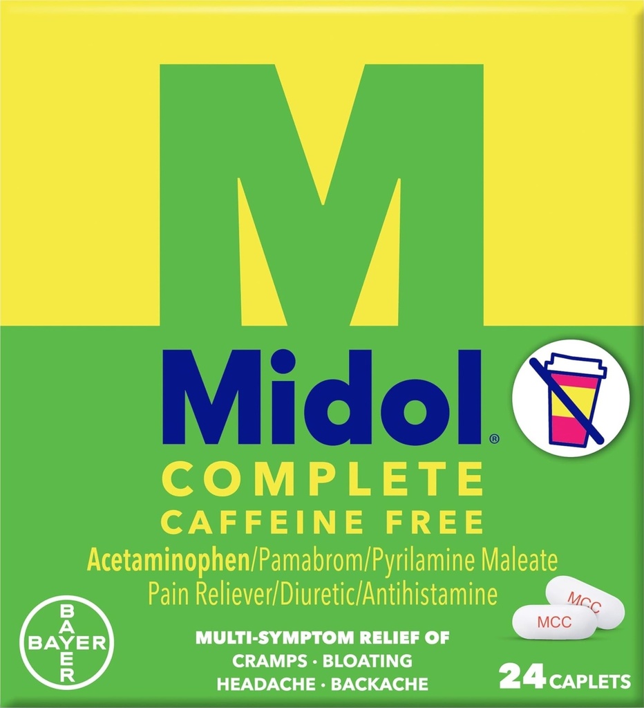 Midol Complete Caffeine Free Caplets 24ct: Midol Complete Caffeine Free Menstrual Pain Relief Caplets atsetaminophen, Annab peavalu leevendust ja perioodi krambid Relief, 24 Count