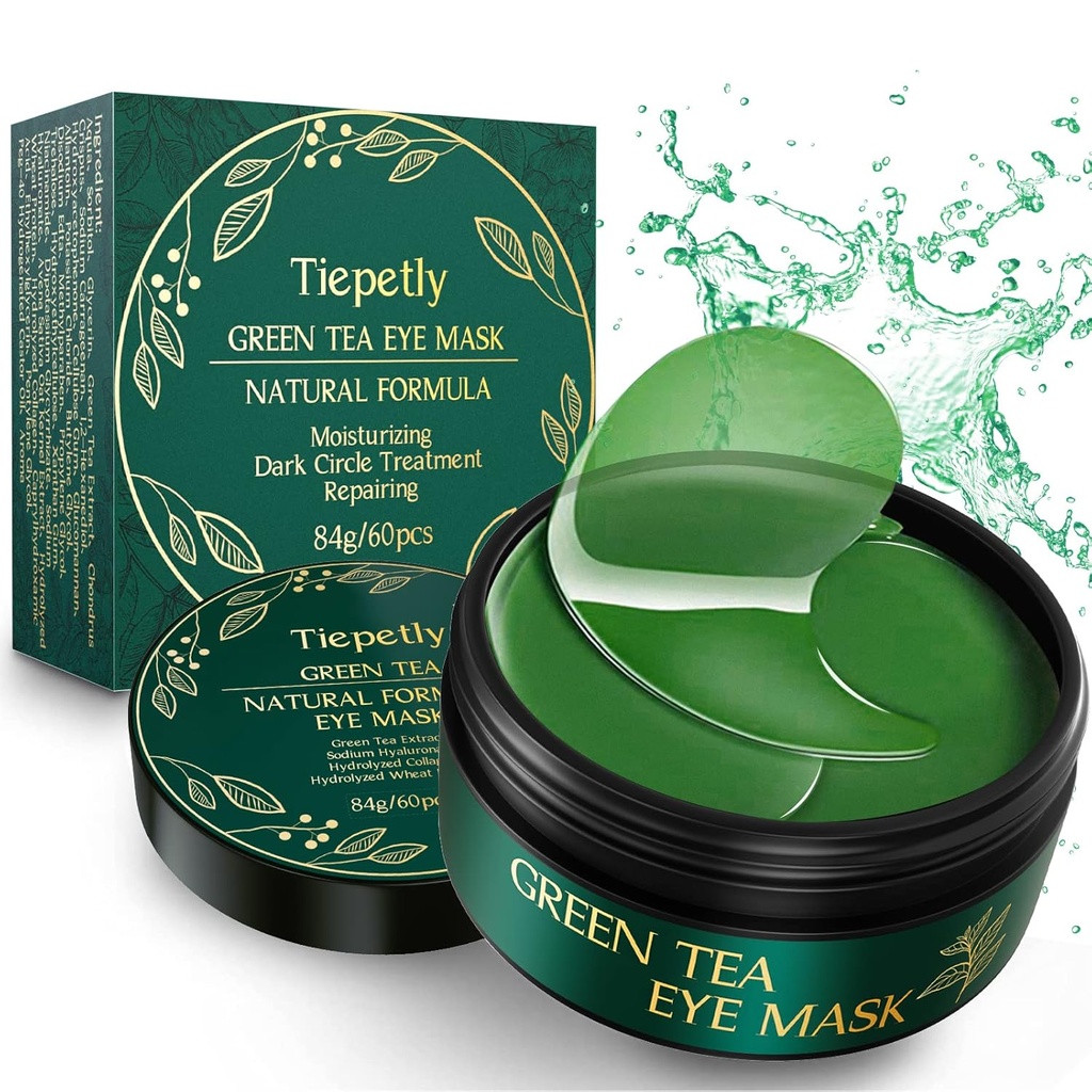 Tiepetly Under Eye Masks kollageeniga, roheline tee silmade plaastrid tumedate ringide ja turse, hüdratatsioon, Anti kortsus, 60 tk