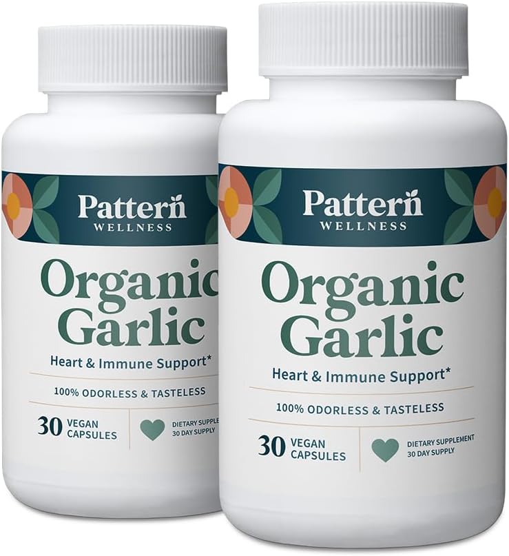 Pattern Wellness Lõhnatu orgaaniline küüslauk – 1000 mg – Immuun-, vereringe- ja südametervise tugi – mitte-GMO- ja gluteenivaba – 60 vegankapslit