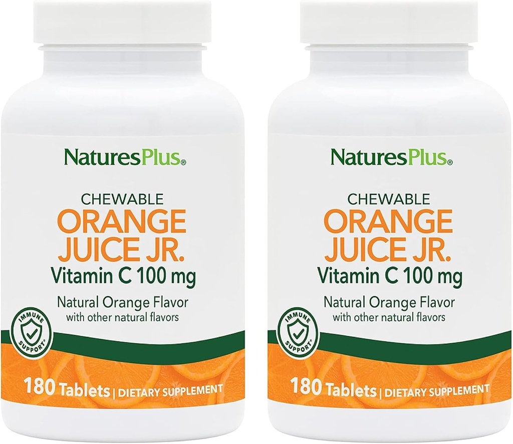 NaturesPlus Orange Juice Jr. - Pakend 2, 180 närimistabletti - 100 mg C-vitamiini - taimetoitlane, gluteenivaba - 360 kogu serveerimist