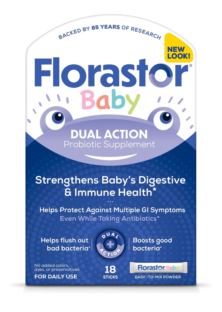 Florastor Baby Daily Probiotic Supplement, Pulber Segud piima, valemi või pehme toiduga, Saccharomyces Boulardii CNCM I-745 (18 pulbripulgad)