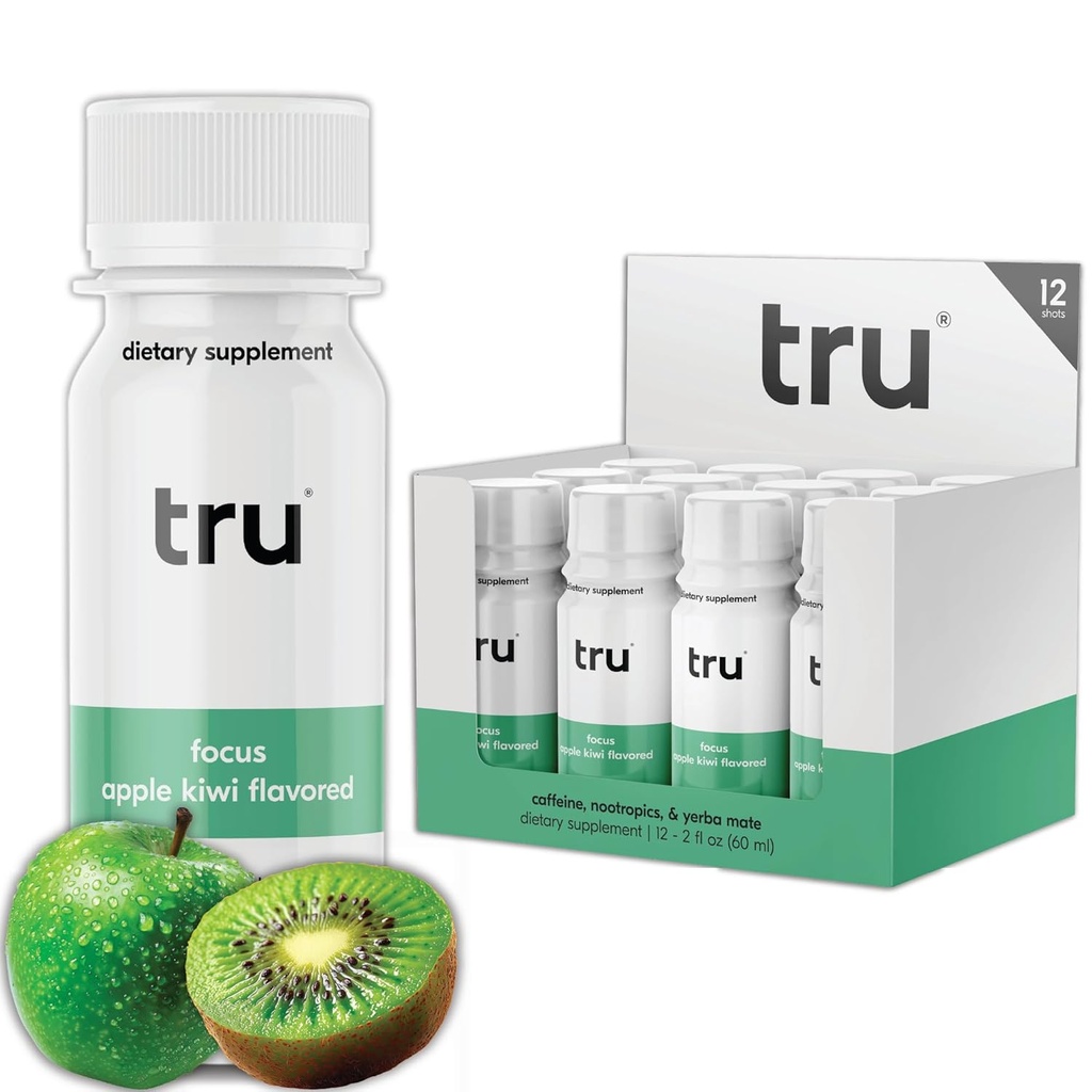 Tru Focus Shots, Nootropic Energy Drink with Yerba Mate, L Theanine & Natural Caffeine, Vegan Wellness Shot with Zero Sugar & Calories, Gluteenivaba, Keto Friendly, Apple Kiwi Flavor, 2 FL OZ, 12 Pack
