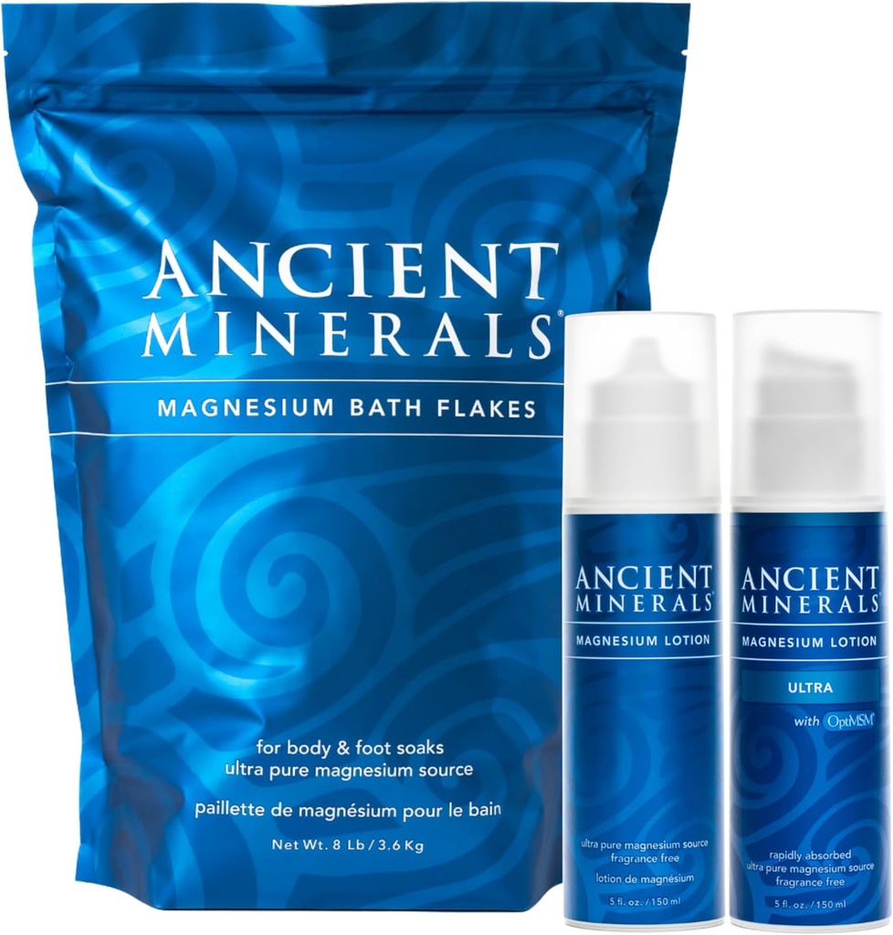 Ancient Minerals Magnesium Bath Flakes - Magnesium Lotion and Lotion Ultra with MSM - Pure Genuine Zechstein Chloride
