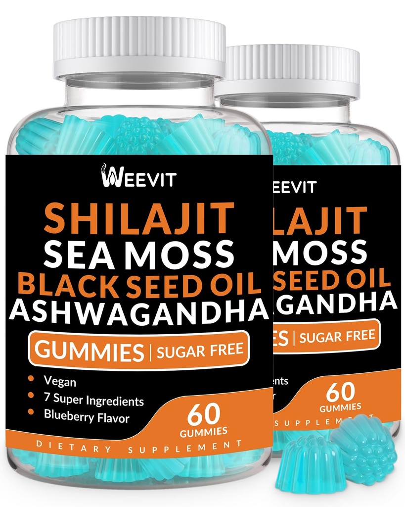 Shilajit Sea Moss Ashwagandha Gummies kurkumi, musta seemne õli, C-vitamiini meestele ja naistele, Shilajit ja Ashwagandha Gummy, kõik 1 täiendused immuunsuse, imendumise ja energia toetamiseks