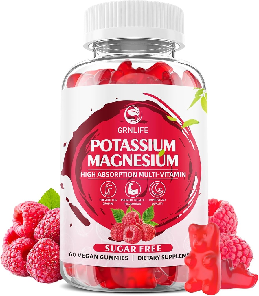 Kaaliummagneesiumilisandiga kummikud, kaaliumkummid täiskasvanutele lastele, kõrge imendumine Magneesiumglütsinaat jalgade krampide ja immuunsuse jaoks, suhkruvaba, vaarika maitsed, 60 krahv