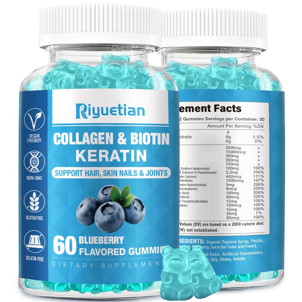 Biotin Gummies 15000mcg koos kollageeniga täiskasvanutele naistele ja meestele - juuksed, nahk ja küüned kummikud biotiiniga - kollageen naistele - vegan, mitte-GMO, juuste vitamiinid - 60 loend, 1 pakend