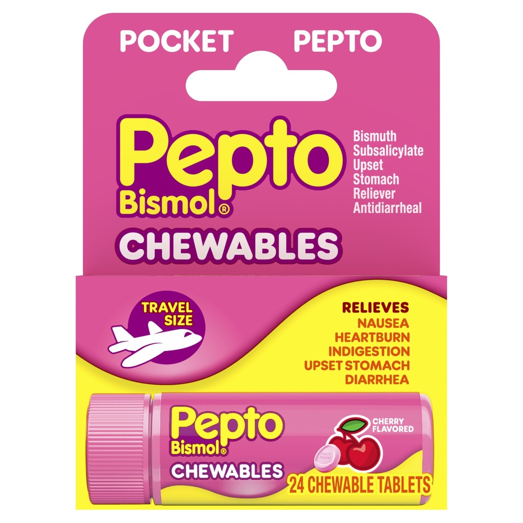 Pepto Bismol Tasku närimistabletid iiveldus, kõrvetised, seedehäired, upset kõht ja kõhulahtisus - 5 Sümptom Kiire leevendus, Cherry Flavor 24 ct