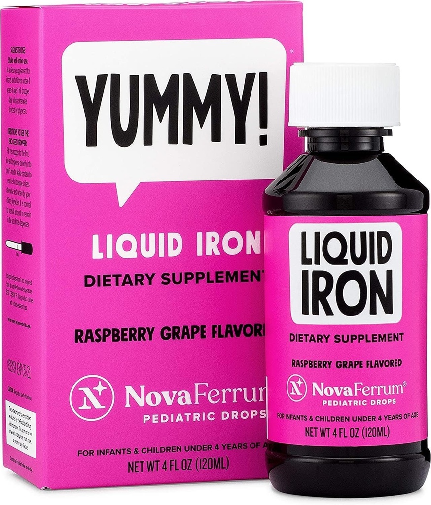 NovaFerrum Yummy | Pediaatrilised tilgad Vedel raualisandit imikutele ja väikelastele | Vedel raud lastele | 15 mg rauda 1 ml annuse kohta | vanuses 4 & alla | Gluteenivaba sertifitseeritud | Suhkruvaba | Vaarika
