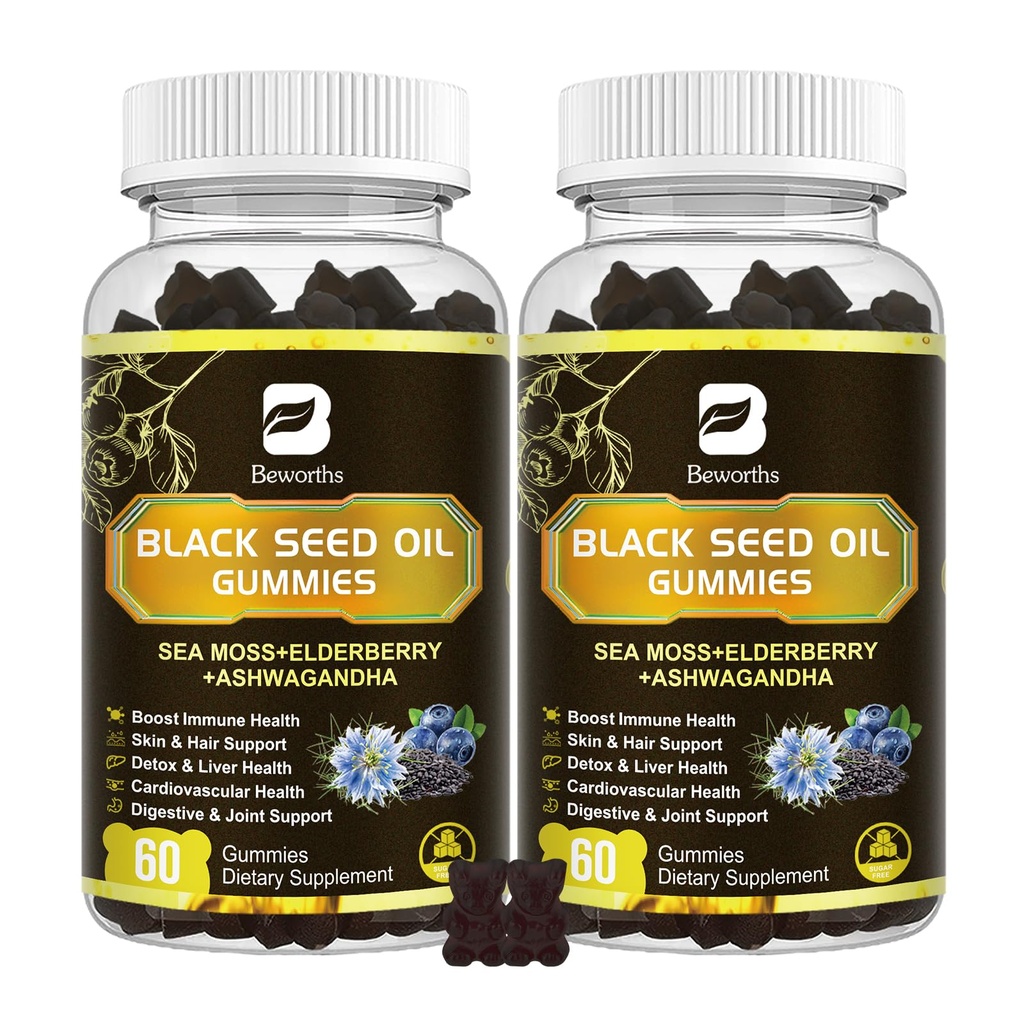 Black Seed Oil & Sea Moss Gummies, 2Pack Irish Sea Moss Gummies Black Seed Oil, Ashwagandha ekstrakt, Elderberry, Kurkum, C-vitamiin, D3-vitamiin - Immuunsüsteemi tugi, liigesed, seedimine, juuksed ja nahk