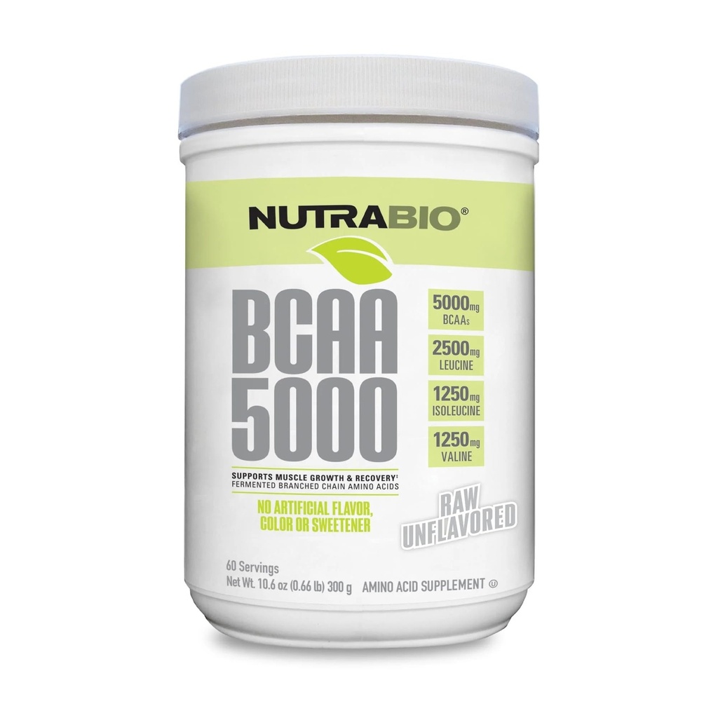 NutraBio BCAA 5000 pulbrit - Fermenteeritud hargnenud ahelaga aminohapped lihaste kasvuks ja taastumiseks - looduslikud maitsed, magustajad ja värvimine, vegan, gluteenivaba - maitsestamata, 60 serveerimist