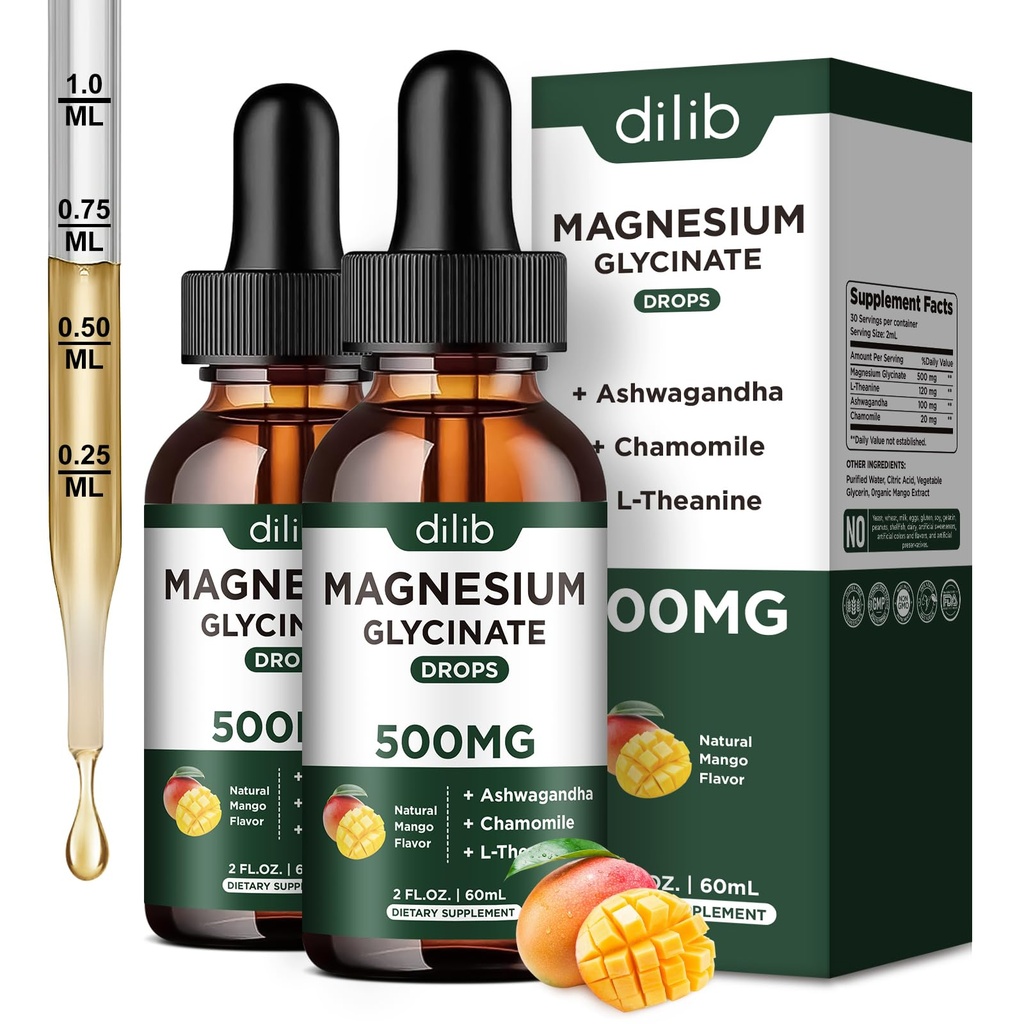 Magneesiumglütsinaat Vedelad tilgad Täiendus koos magneesiumglütsinaat 500mg Ashwagandha, L - Theanine, Kummel - Toetus Stress Relief, Luu, Lihased, Mood Mango Maitse 2Pack