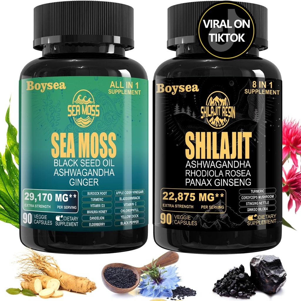 Geloo Superfood Supplement Bundle - 90 Count Sea sammalkapslid (Mere sammal, musta seemne õli) ja 90 Count Pure Shilajit kapslid (Shilajit, Ashwagandha) -1 Pack