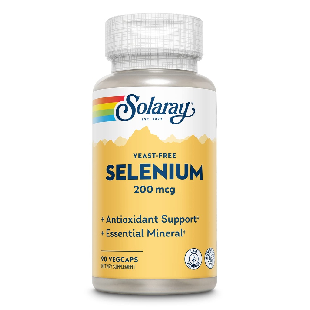 Solaray Pärmivaba Selenium 200mcg, Selenium kapslid tervislikuks kilpnäärme funktsiooniks ja immuunsuse toetamiseks, kõrge imendumise täiendus, vegan, 90 Servings, 90 VegCaps