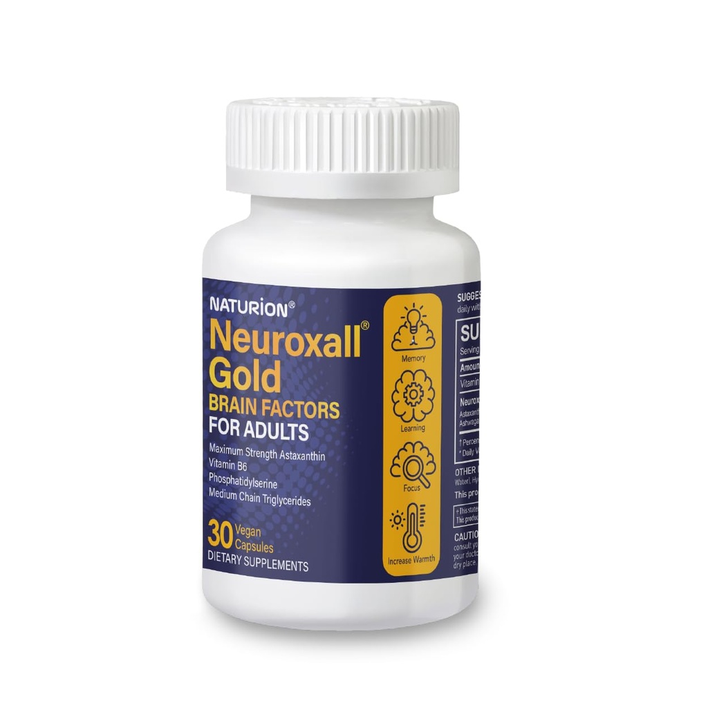 Neuroxall Gold Brain Factors täiskasvanutele - Kognitiivne ja vaimne heaolu toetamine vitamiin B6, astaksantiin, Ginkgo Biloba, Ashwagandha & Kurkum & - 30 Vegan Kapslid, 30 päeva pakkumine
