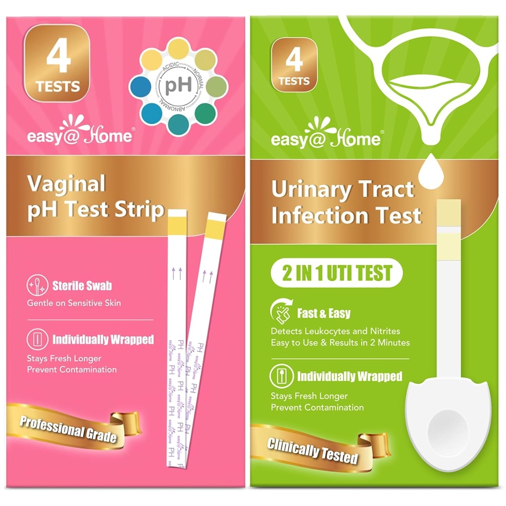Easy@Home Vaginal pH testribad ja UTI testkomplektid (8 loend): Pärmseente infektsioon, BV, UTI testid naistele, kiired täpsed tulemused, 4 kuseteede infektsioon ja 4 naise pH tervise testid