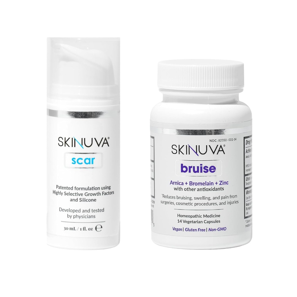 Skinuva® Scar (1 oz) & Bruise (14 kapslit) - Advanced Silicone Cream formuleeritud kasvufaktoritega ja homöopaatiline Bruise Remedy formuleeritud Arnica, Bromelain & Zinc