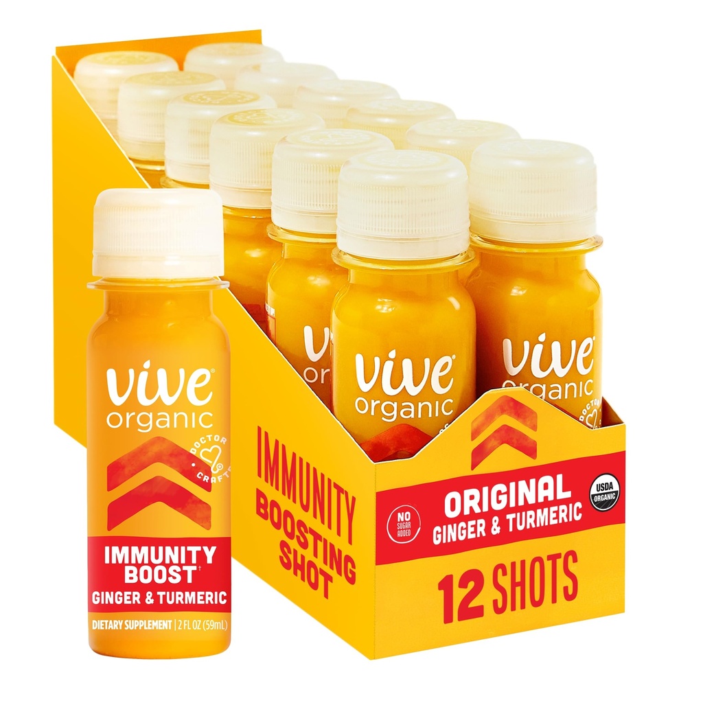 Vive Organic Immune Support Shot, Cold-Pressed Ginger, Kurkum & Echinacea, Gluteenivaba, Vegan, Immunity Boost Original, 2 Fl Oz (Pack of 12)