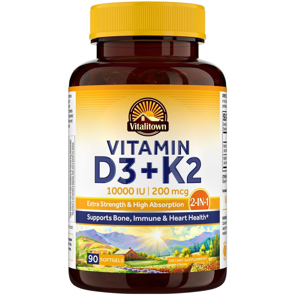 Vitalitowni vitamiin D3 K2 lisand, vitamiin D3 10000 IU K2-vitamiin (MK7) 200 mcg, 90 Softgels, mitte-GMO, gluteeni ja soja, luude, hammaste, immuunsuse ja südame tervise jaoks