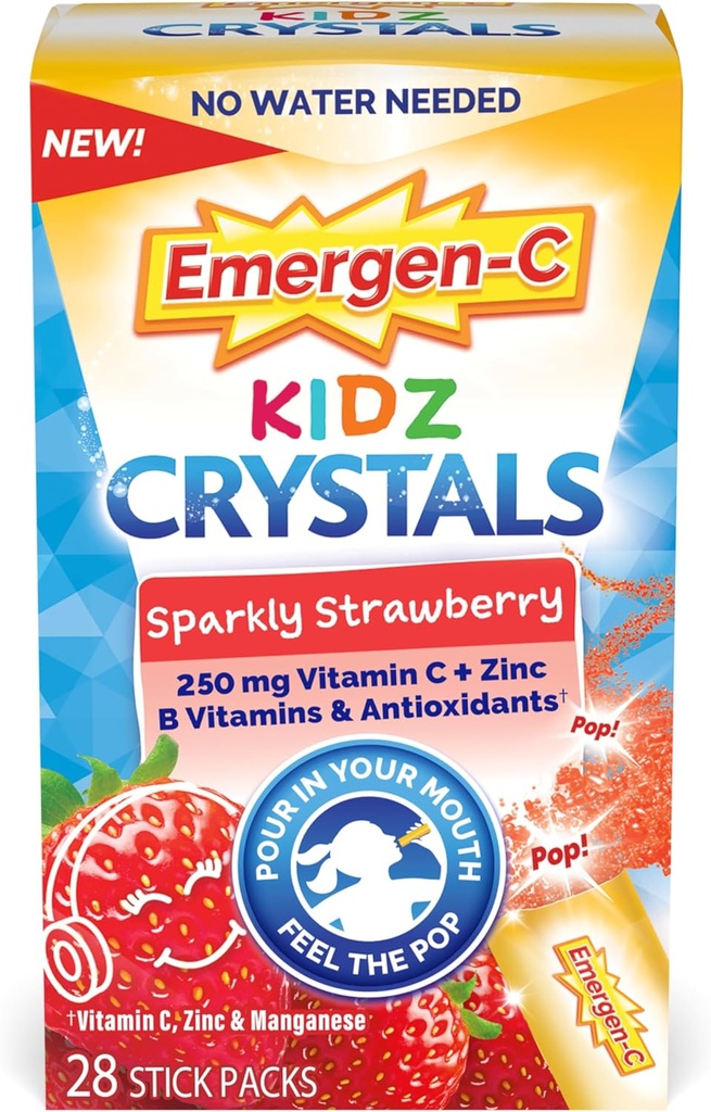 Emergen-C Kidz Crystals, On-The-Go Immune Support Supplement koos C-vitamiini, B-vitamiinide, tsingi ja mangaaniga, Sparkly Strawberry - 28 kleeppakendit