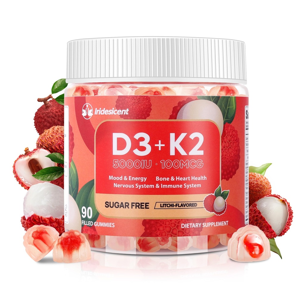 Vitamiin D3 K2 Gummies w / magneesiumsuhkur tasuta - 90 Count | D3 Vitamiin 5000 IU + K2(MK-7) 100 mcg - Vegan K2 D3 vitamiinilisand, väga imenduv toetab luu, lihased, meeleolu ja immuunsüsteem(Lychee Flavor)