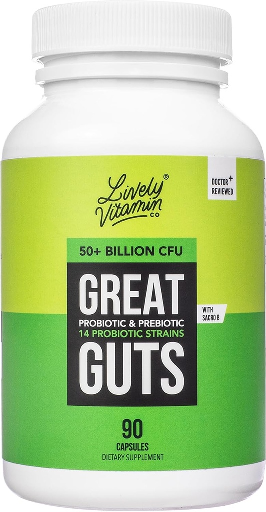 LIVELY VITAMIN CO. Great Guts Probiootikum 50 miljardit CFU Probiootikum - Balance Gut Microbiome, GI Tract, Põletik, Seedehäired, Refluks, Upset Magu ja kõhulahtisus - 90 Caps