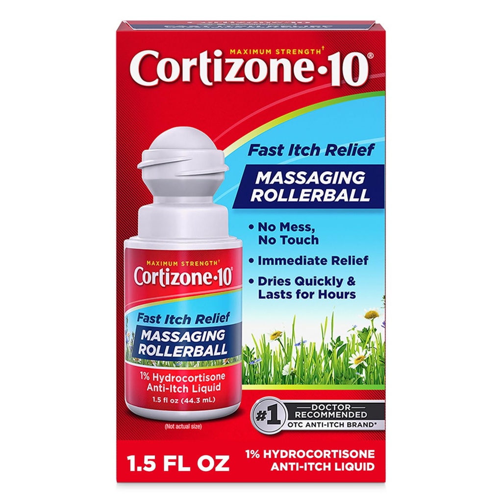 Kortisoon-10 Maksimaalne tugevuse sülje reljeef massaaž rullpalli, 1% hüdrokortisoon, kiiretoimeline, Anti-Itch vedelik veahammustused, lööve, ekseem, psoriaas, mürk Ivy, Tamm, Sumac, 1,5 fl. oz