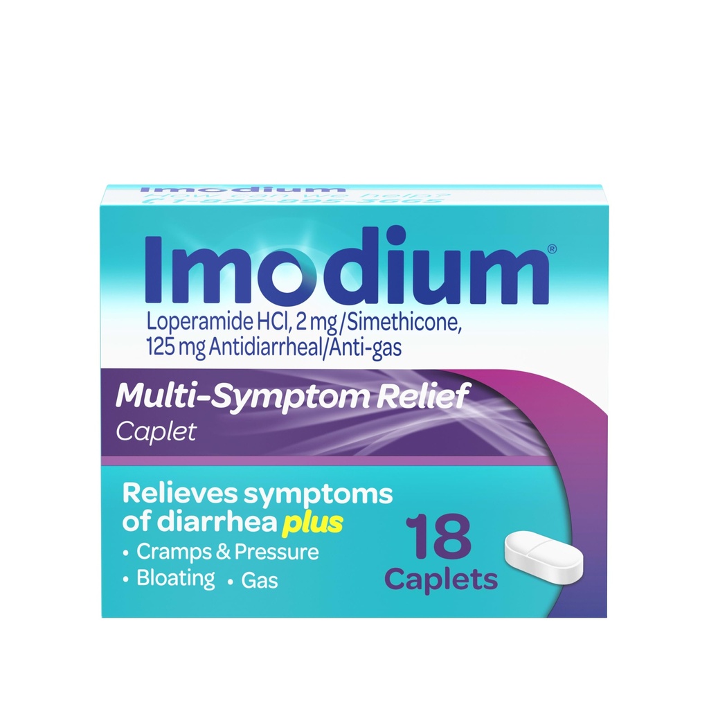 Imodium Multi-Symptom Relief Caplets , Loperamide Hydrochloride & Simethicone Anti-Diarröa Meditsiin kõhulahtisuse, gaasi, puhituse, krampide ja rõhu leevendamiseks , HSA / FSA Sobivad , 18 ct